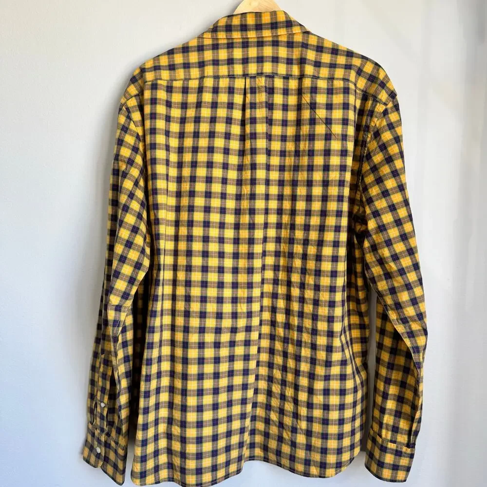 J Crew Men's XL Shirt Button Down Yellow Plaid Slim Untucked Fall Country Farm